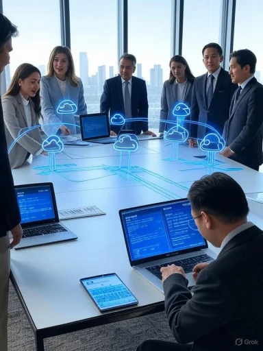 Business team discussing cloud technology with holographic cloud diagrams in a modern office.
