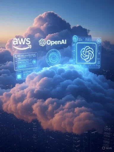 Clouds form a backdrop for digital logos of AWS and OpenAI, symbolizing cloud computing and AI technology.