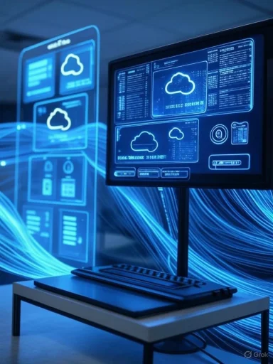 Futuristic digital cloud data interface projection on screen and wall.