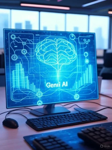 A computer screen displays a digital brain diagram with 'Geni AI' and data charts, symbolizing AI research in a modern office.