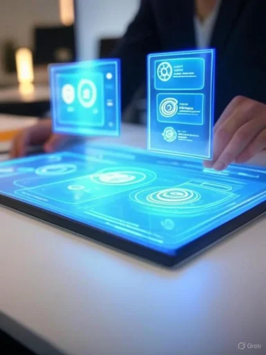 A person interacts with futuristic holographic digital interfaces on a tablet, displaying data and controls.