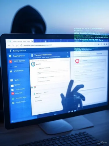 A computer monitor displays a screen with code and files, with a hand's shadow making a peace sign in front of it.