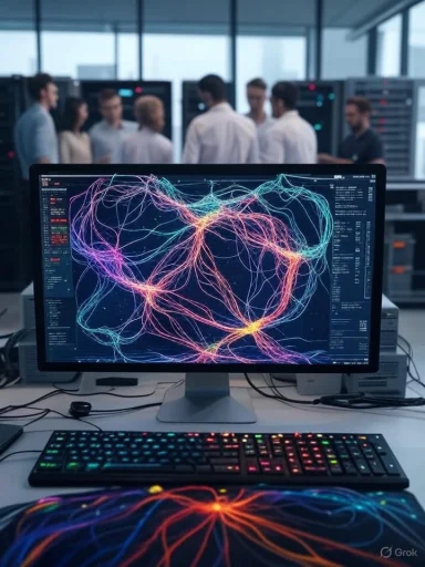 A computer monitor displays a colorful neural network visualization with a team discussing in the background.