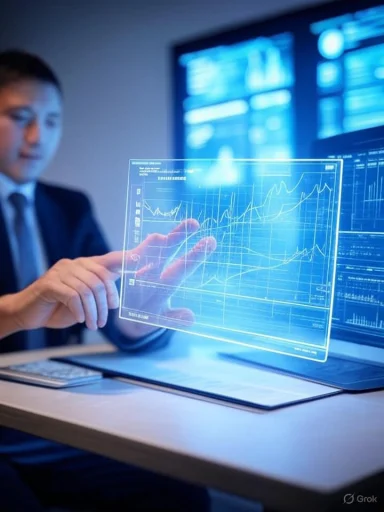 A businessman interacts with a transparent digital dashboard displaying complex financial graphs and data.