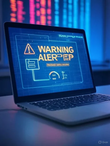 A laptop displays a warning message about a cybersecurity alert in a high-tech environment.