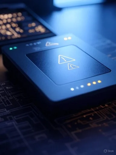 A close-up of a futuristic electronic device with warning icons and LED indicators on a circuit board.