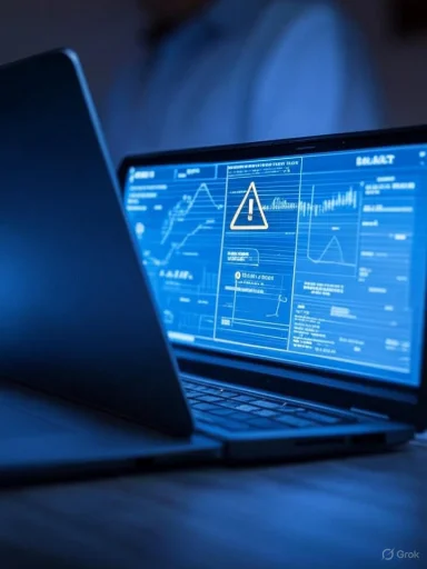 A laptop screen displays financial charts and a warning symbol, indicating a critical alert or issue.