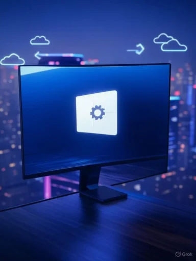A computer monitor displaying a gear icon, with a city skyline and cloud graphics in the background.