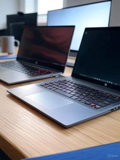 Two laptops and a large monitor on a wooden desk in a bright office setting.