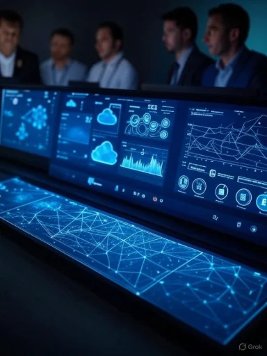 Business professionals analyze data on advanced digital screens in a high-tech meeting room.