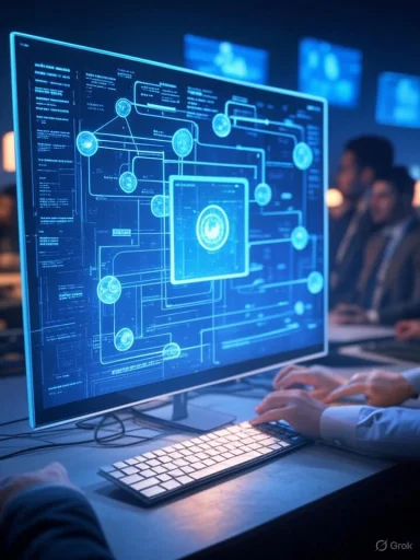 A person working on advanced data analysis or cybersecurity using a large, futuristic digital interface in a dark, tech-focused environment.