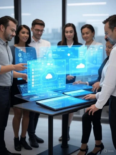A group of professionals in a meeting room discusses futuristic holographic cloud technology displays.