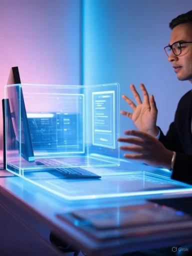 A person in a suit interacts with a holographic digital interface projected from a laptop.