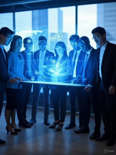 Business professionals examine a holographic globe display in a modern office setting.