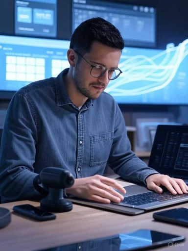 A man works on a laptop in a high-tech control room with multiple monitors displaying graphs and data.