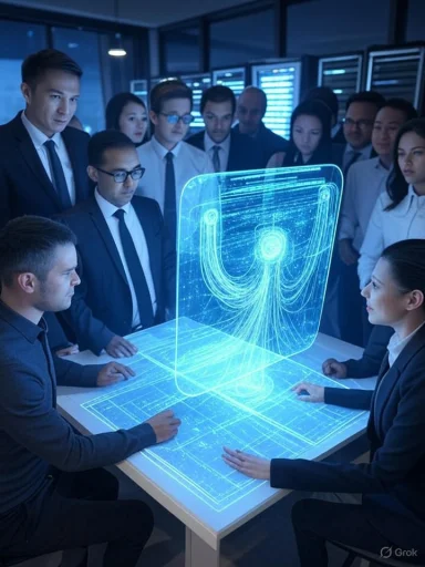 A group of professionals analyzes a holographic scientific visualization at a modern office.