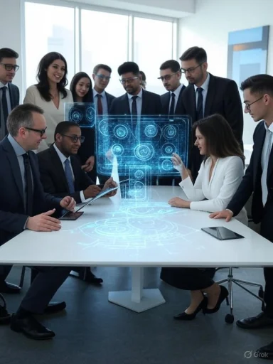 A diverse group of professionals analyze futuristic holographic data in a modern office setting.