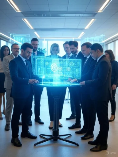 Business professionals analyze a holographic digital interface in a modern corporate setting.