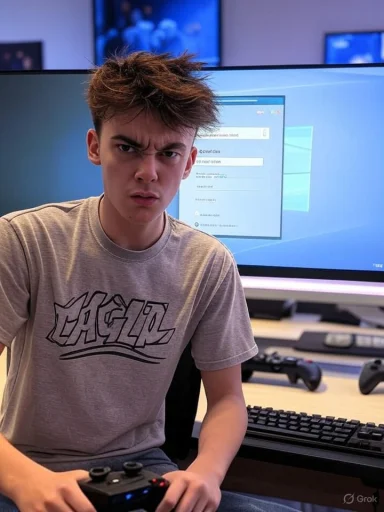 A young man with spiked hair and a puzzled expression sits at a desk in front of a computer screen, holding a gaming controller.