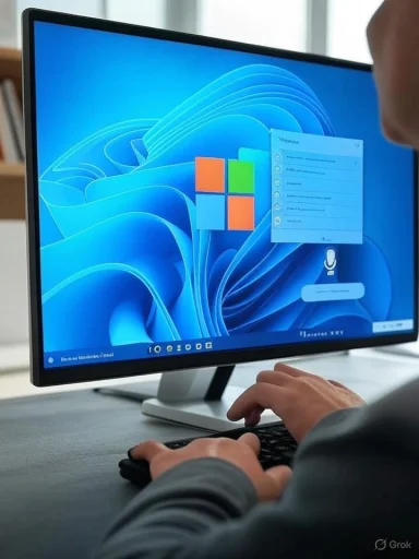 A person using a desktop computer with Windows 11, featuring a login screen with a microphone icon for voice authentication.