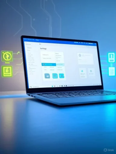 A laptop displaying a dashboard with icons, surrounded by glowing technology symbols on a blue-lit background.
