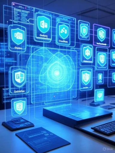 A futuristic digital security interface displaying various cybersecurity shield icons and data analytics on a transparent screen.