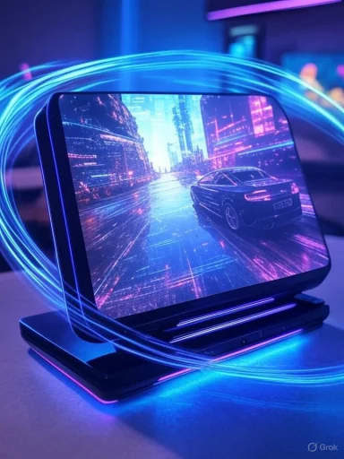 A futuristic cityscape displayed on a foldable phone with glowing neon lights and digital trails in a high-tech setting.