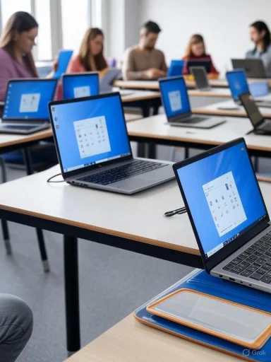 Students working on laptops in a classroom or workshop environment.