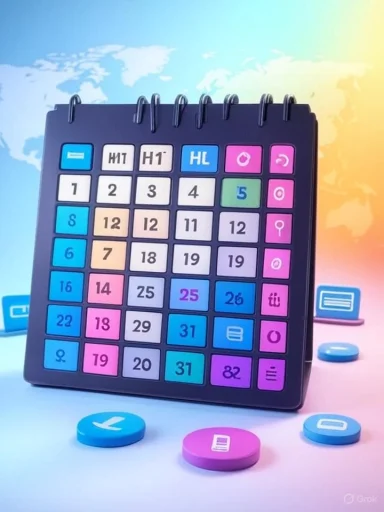 A colorful calendar board with numbered tiles and digital icons, set against a vibrant world map background.