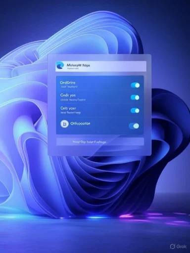 A futuristic digital interface overlay on a vivid blue abstract background featuring glowing swirling shapes.