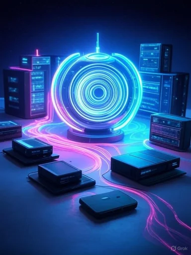 Futuristic neon-lit digital interface with servers and glowing circuits, evoking a high-tech data center or AI hub.