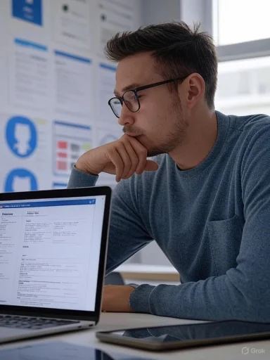 Young man studying or working at a laptop, focused and thinking deeply in an office or classroom.