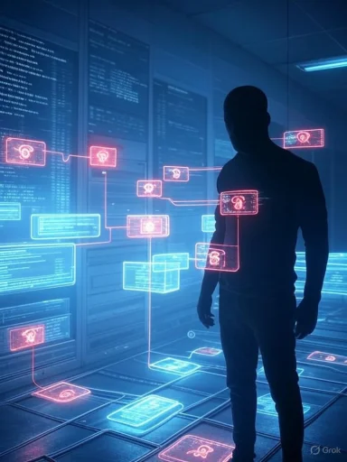 A person analyzes digital health data and interconnected medical icons represented as holographic projections in a futuristic setting.