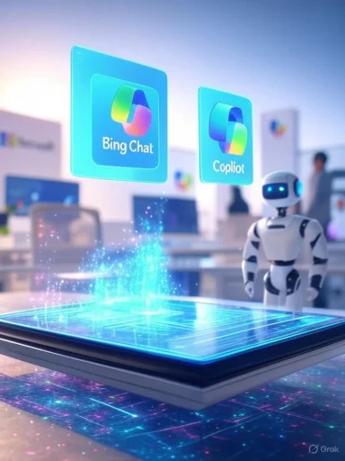 A futuristic robot stands beside a holographic tablet with floating app icons for Bing Chat and Copilot.