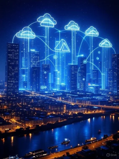 A city skyline at night over a river, with digital cloud and data graphics overlaying the buildings.