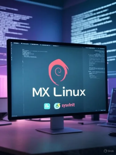 A computer monitor displays the MX Linux logo and branding in a dark, tech-focused environment with code on surrounding screens.