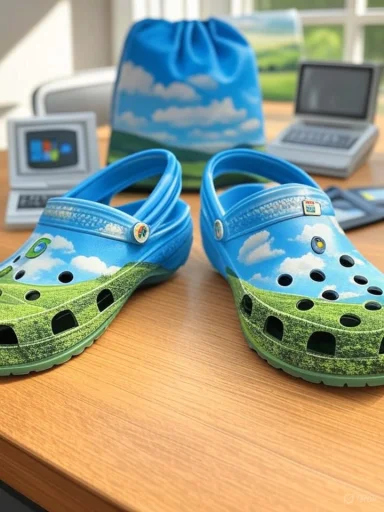 Colorful Clog-style shoes with a sky, cloud, and field design, placed on a wooden desk.
