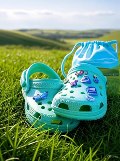 A pair of light blue Crocs decorated with colorful charms, placed on green grass with a scenic countryside background.