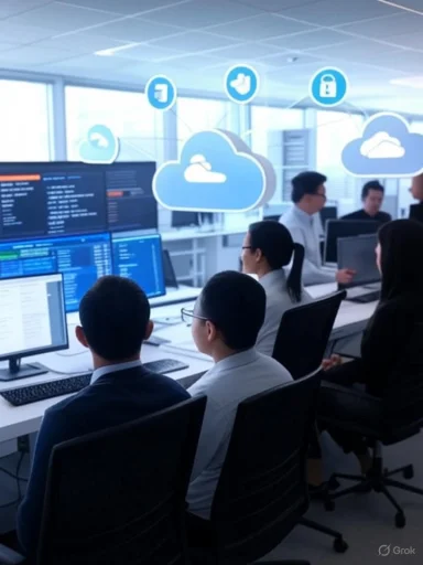 Team monitors analyzing cloud data and icons representing cloud technology in a modern office setting.