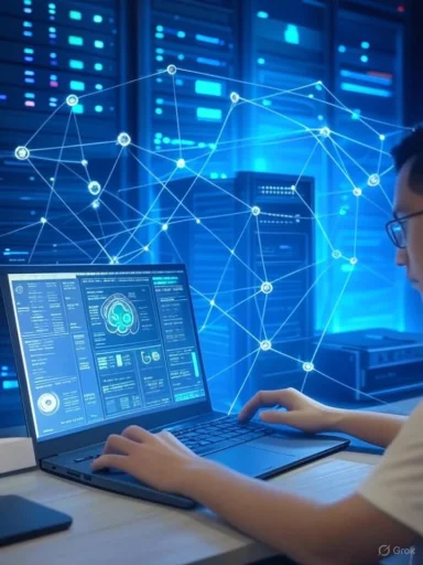 A person analyzing data on a laptop with digital network graphics overlayed, inside a high-tech server room.
