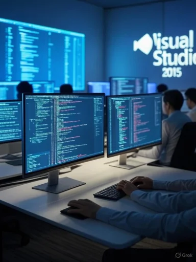 People working on computers with code at a 2015 Visual Studio event.