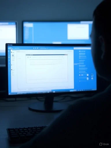 A person working on multiple computer screens in a dimly lit office.