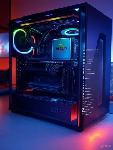 A high-performance gaming PC with colorful RGB lighting inside a sleek glass case.