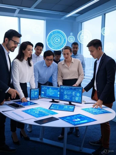 Team of professionals analyzing data on multiple digital screens in a modern office with a city view.