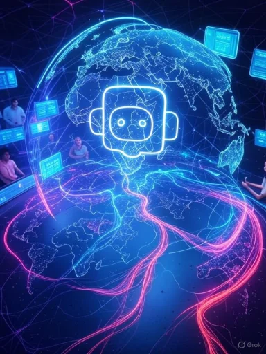 A digital world map with interconnected lines, futuristic screens, and a central robot icon symbolizing global AI connectivity.