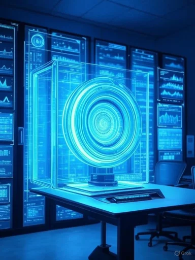 A holographic spiral device displays on a table in a high-tech control room with multiple monitors showing data.