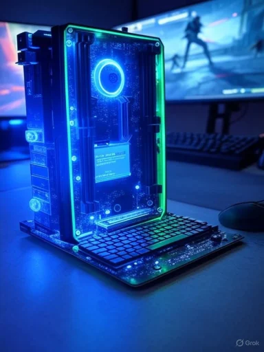 A transparent, illuminated custom-built computer case showing internal components glowing with blue and green lights.