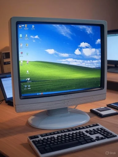 A vintage CRT monitor displays the Windows XP desktop with a grassy hill and blue sky background.