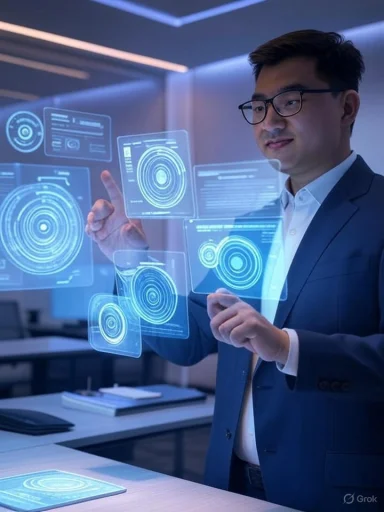 A businessman in a suit interacts with holographic tech displays in a futuristic office setting.