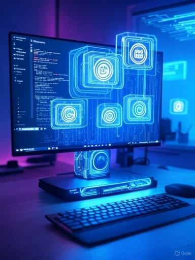 Futuristic computer setup with holographic interfaces displaying icons and code in a neon-lit environment.